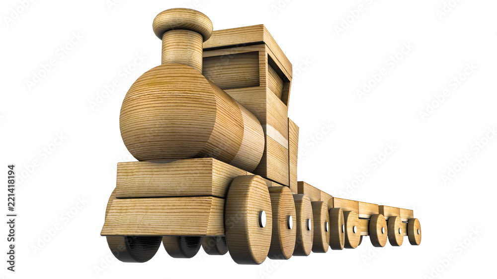 wooden train with carriages. children's toy. illustration on white background. 3D rendering