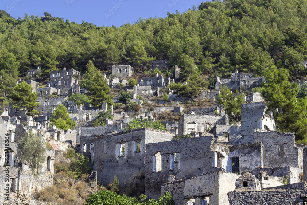Masonry rocky houses of an old village in Turkey founded by old Greeks with background of forest
