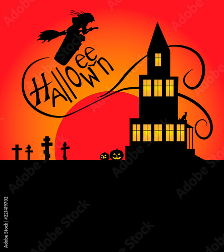 halloween witch flying against the backdrop of a house and sunset