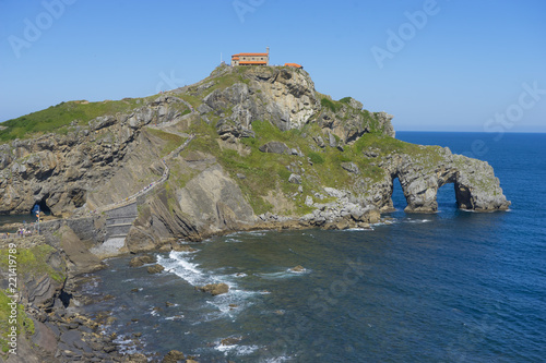 San Juan Gaztelugatxe island view, basque country, historical island with chapel in Northern Spain