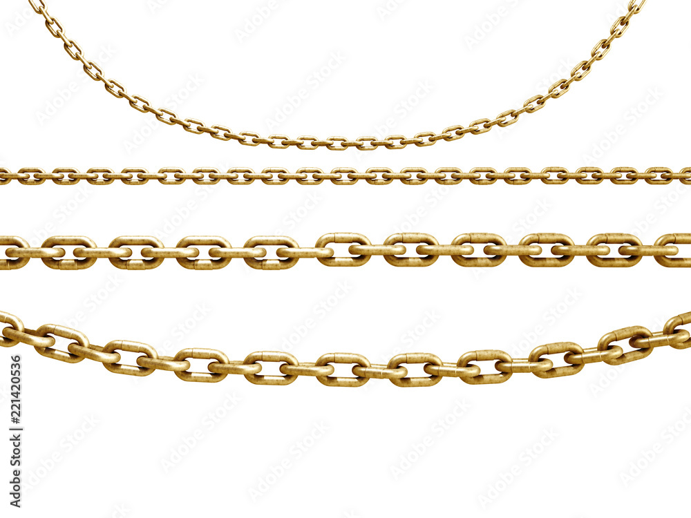 collection of seamless metal chains colored gold 3d render on white collection of seamless metal chains colored gold 3d render on white