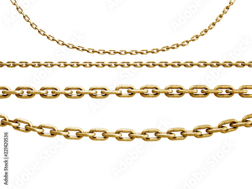 collection of seamless metal chains colored gold 3d render on white
