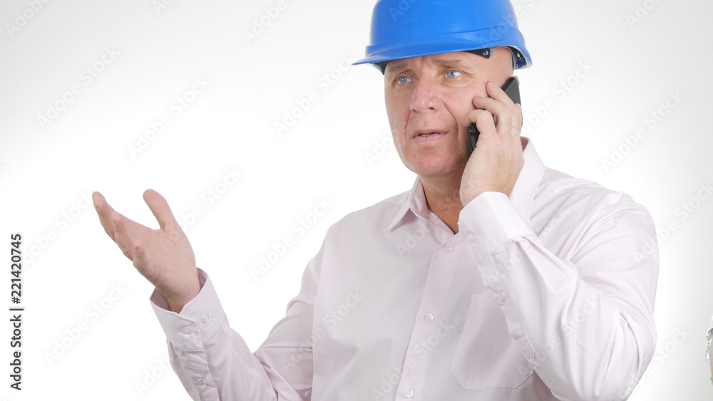 Confident Engineer Image Talking Business to Cellphone Confident Engineer Image Talking Business to Cellphone