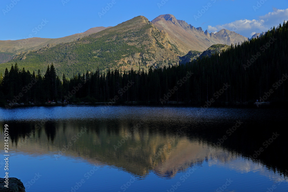 Bear Lake and reflection with mountains, Rocky Mountain National Park in Colorado, USA.