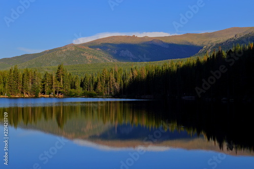 Bear Lake and reflection with mountains, Rocky Mountain National Park in Colorado, USA.