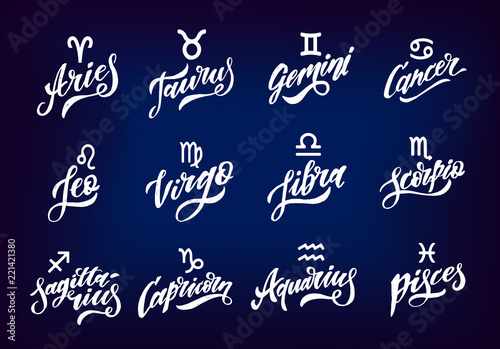 Horoscope set Lettering Calligraphy Vector Brush Text astrology