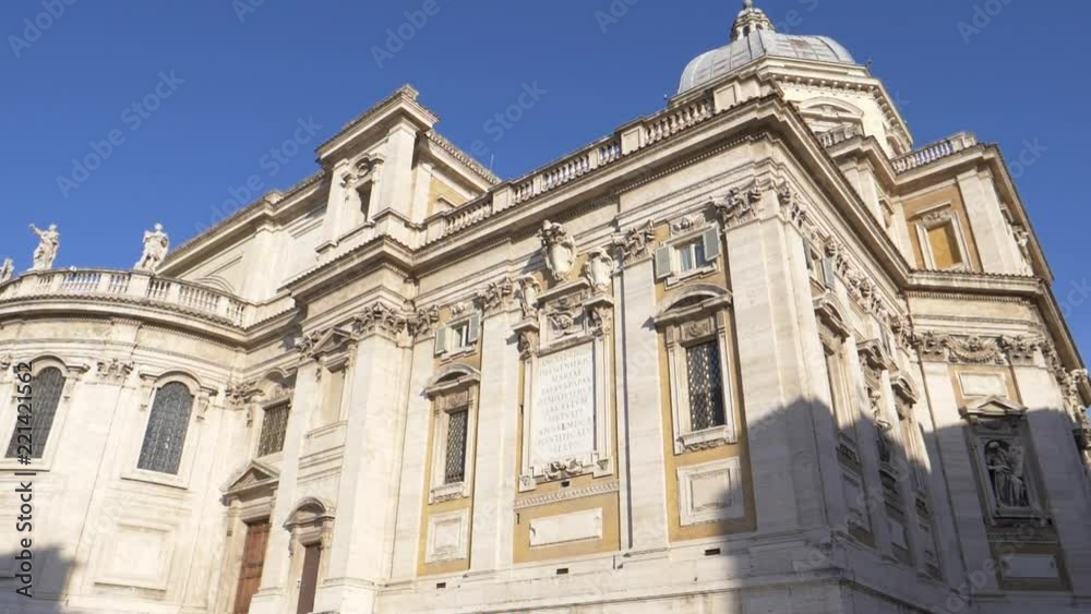 CLOSE UP Cool view of the spectacular catholic church on a sunny day in Rome. Beautiful detailed Basilica di Santa Maria Maggiore illuminated by the autumn sun. Breathtaking feat of Roman architecture CLOSE UP Cool view of the spectacular catholic church on a sunny day in Rome. Beautiful detailed Basilica di Santa Maria Maggiore illuminated by the autumn sun. Breathtaking feat of Roman architecture