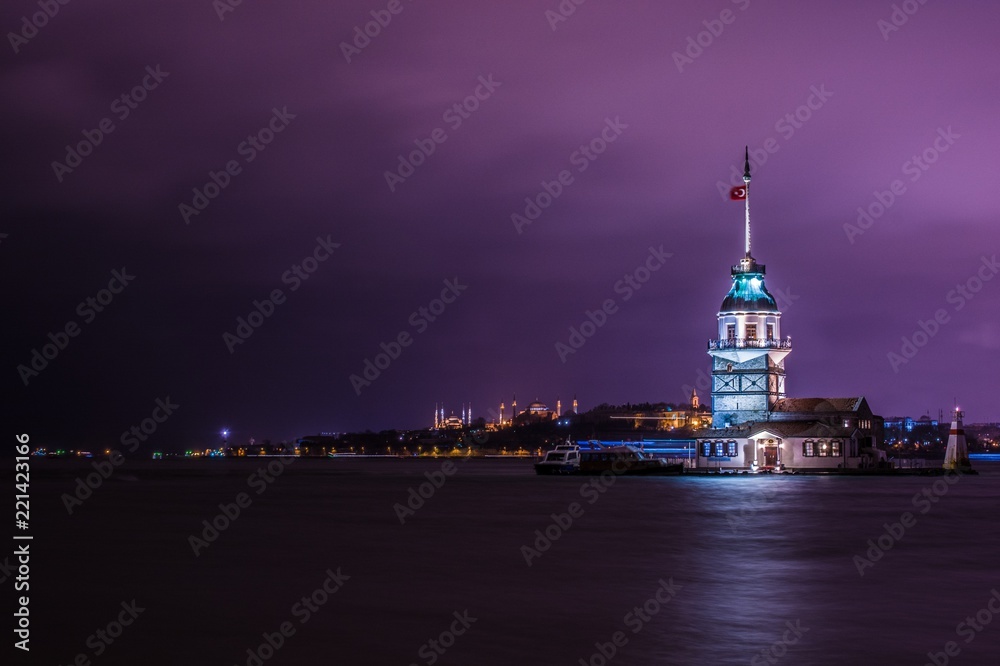 Night cold winter landscape of maiden's tower in istanbul