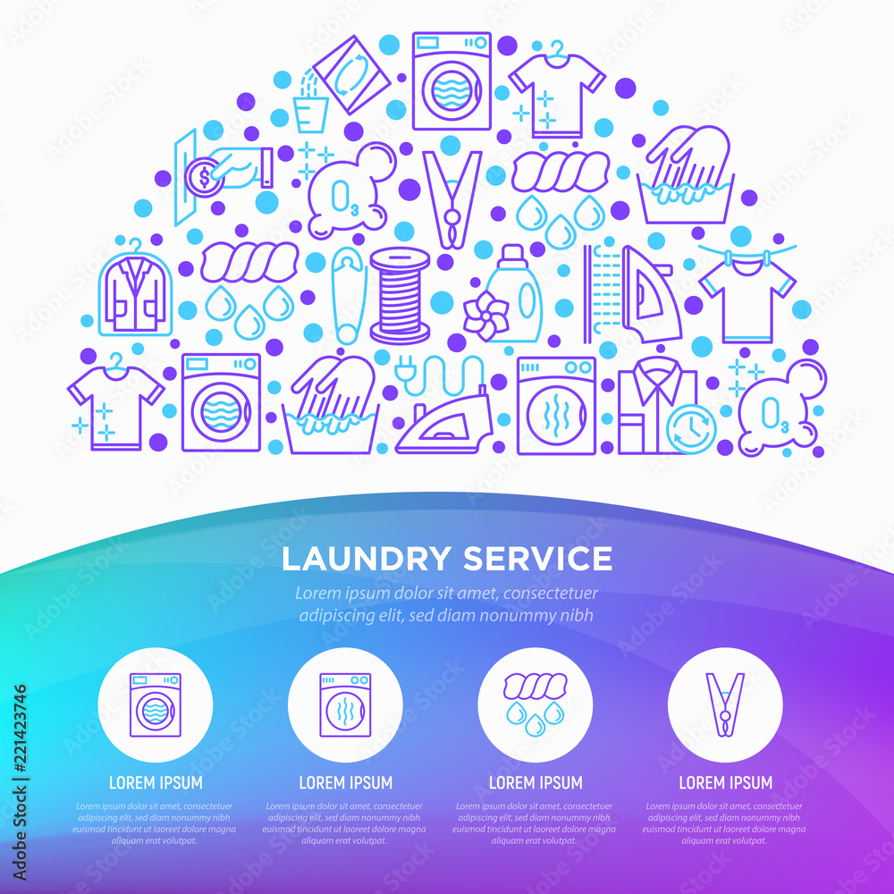 Laundry service concept in half circle with thin line icons: washing machine, spin cycle, drying machine, fabric softener, iron, handwash, steaming, ozonation, repair, clothepin. Vector illustration.