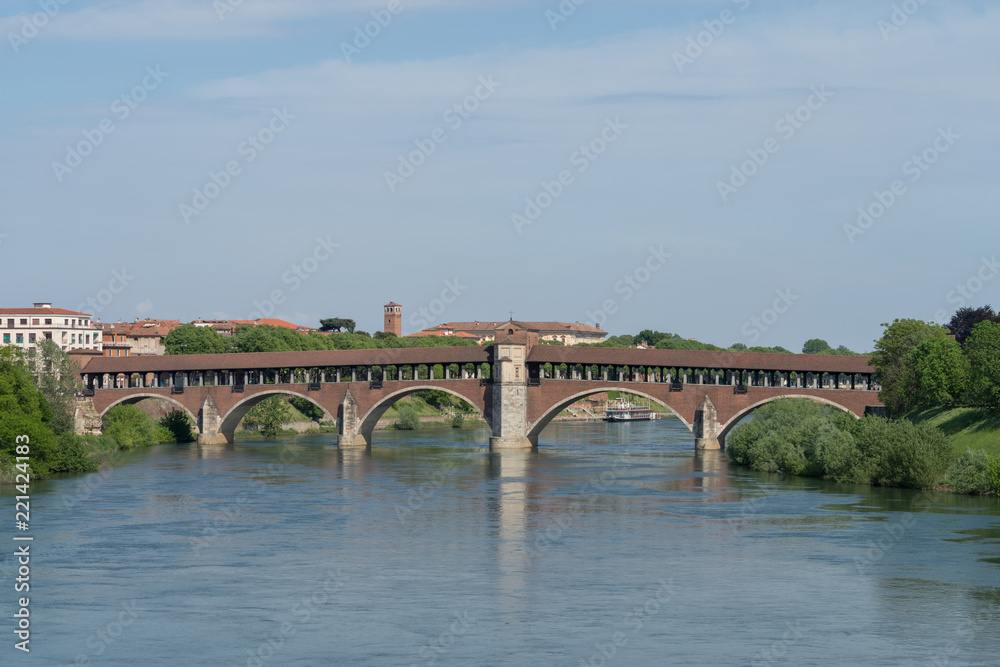 Ponte Coperto bridge (covered bridge) and Ticino river, Pavia, Lombardy region, Italy