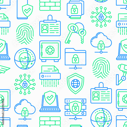 Security and protection seamless pattern with thin line icons: mobile security, fingerprint, badge, firewall, face ID, secure folder, shredder, bank safe, encrypted messaging. Vector illustration.