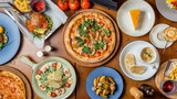 Food set of european cuisine, pizza, Burger, salad caesar, potatoes and cream soup top view