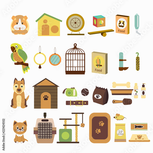 Set  icons with parrot, dog, cat, hamsters  and goods for pets. Vector illustration for banner or web page for vet clinic, pet shop or shelter.