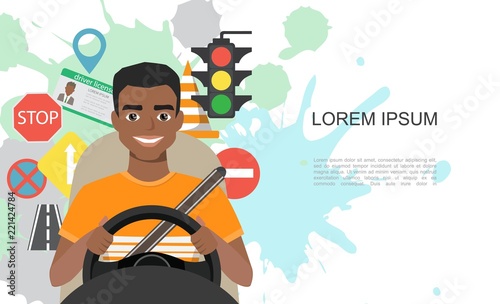 Banners illustration of road symbols and black african american man driver character