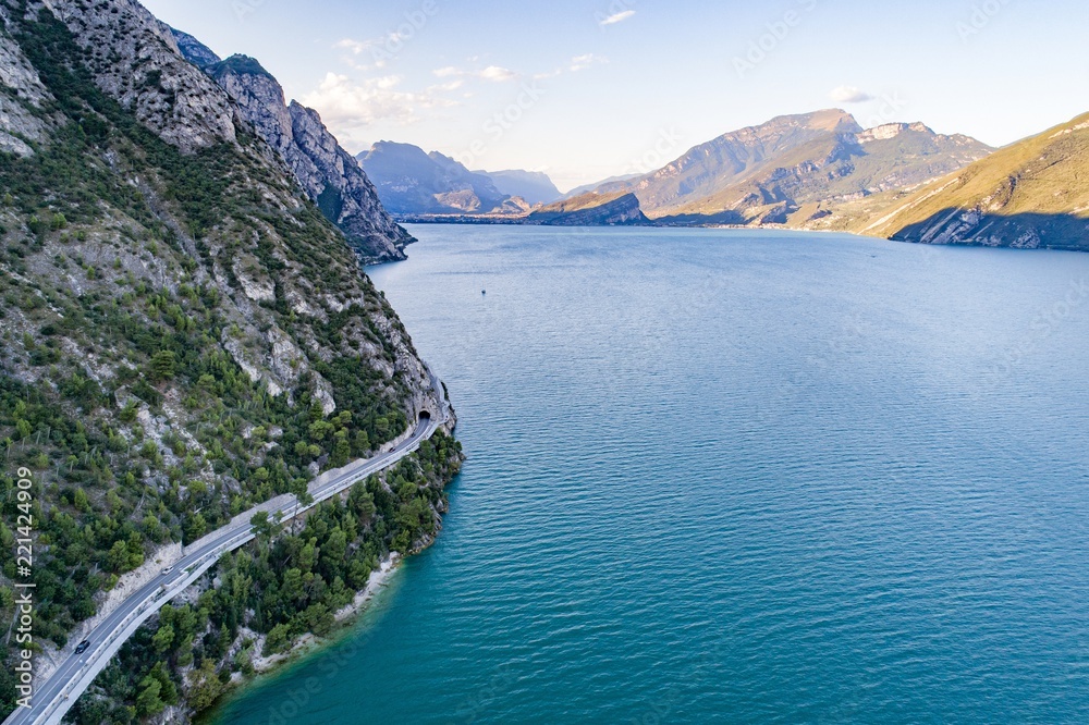 Aerial drone view of road and tunnels over Lake Garda Aerial drone view of road and tunnels over Lake Garda