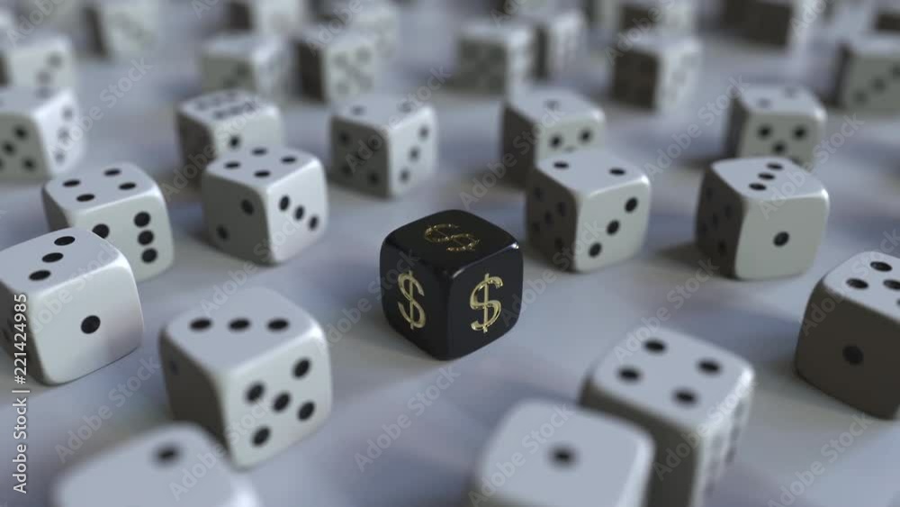 Dice with Dollar sign among scattered gambling dices. Forex success or finance related 3D animation Dice with Dollar sign among scattered gambling dices. Forex success or finance related 3D animation