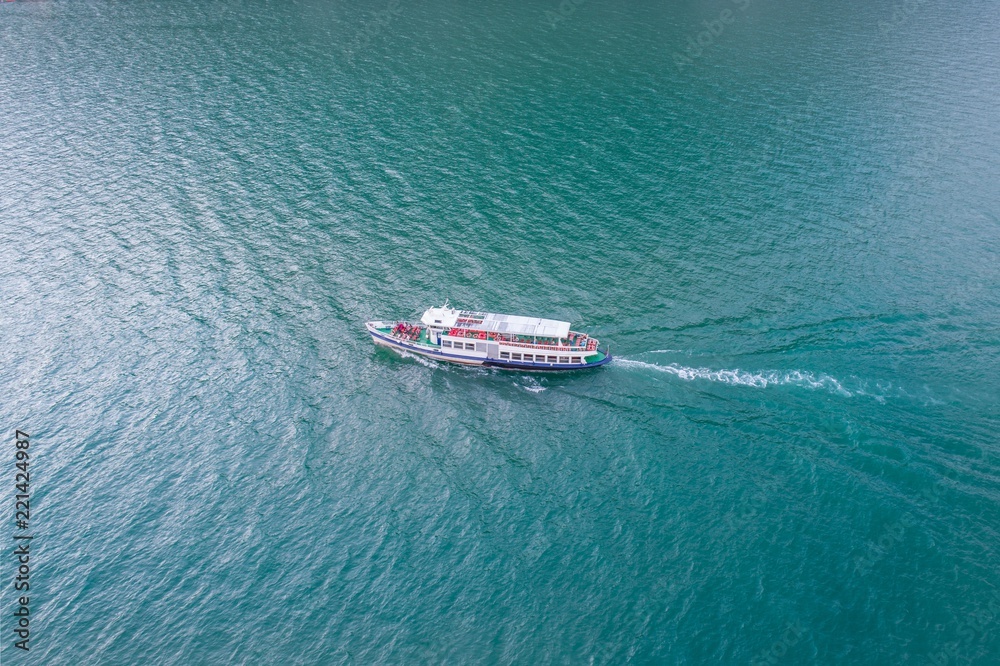 Naklejka premium Aerial drone view on touristic boat