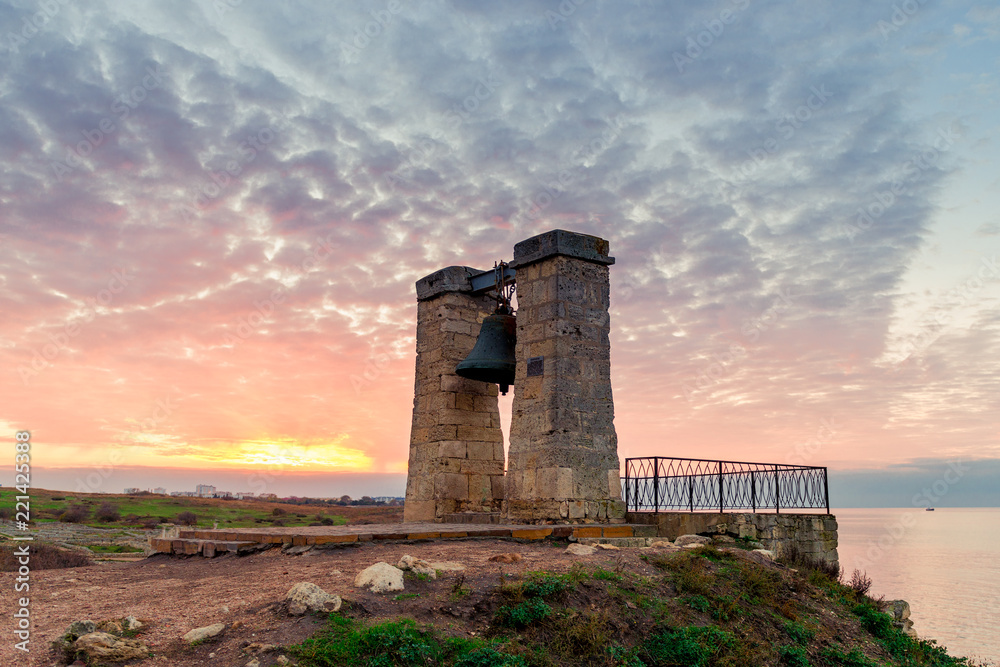 View of the big bell at sunset, Ancient Chersonese in Crimea, Russia