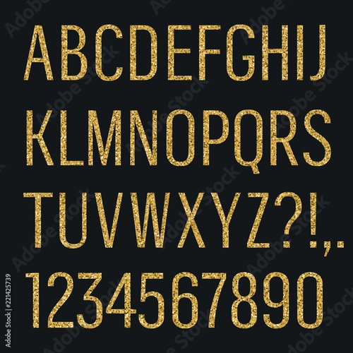 Glittering letters. Narrow sans serif font. Latin uppercase, numbers, punctuations isolated on black background. Vector