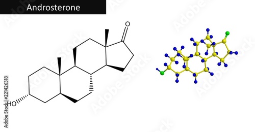 Molecular structure of hormone Androsterone, 3D rendering