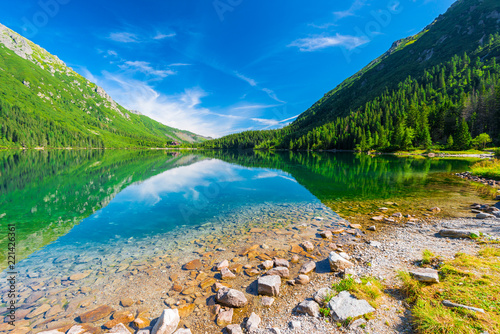 Beautiful Lake Morskie Oko in the morning on a sunny day attractions in Poland