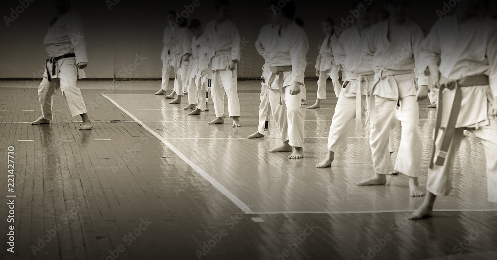 Fototapeta Children's training on karate-do. Banner with space for text. For web pages or advertising printing. Photo without faces, from the back.