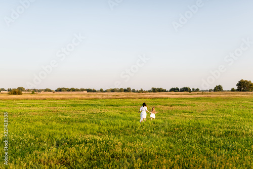 Wallpaper Mural aerial view of mother and daughter running in green field Torontodigital.ca