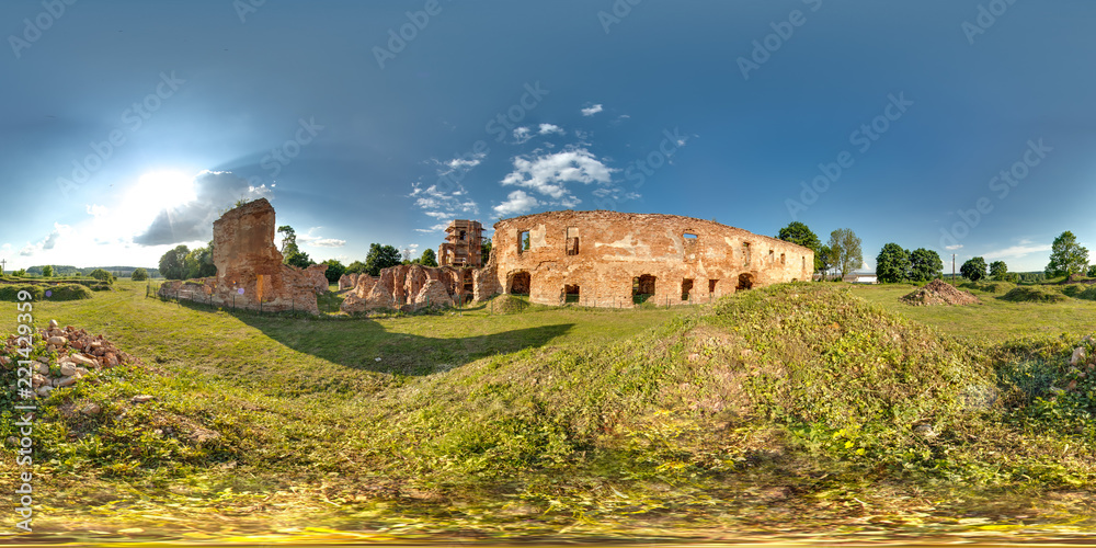 Ruins of ancient brick castle with blue sky sun green grass 3D spherical panorama with 360 degree viewing angle. Ready for virtual reality in vr. Full equirectangular projection. Beautiful background Ruins of ancient brick castle with blue sky sun green grass 3D spherical panorama with 360 degree viewing angle. Ready for virtual reality in vr. Full equirectangular projection. Beautiful background