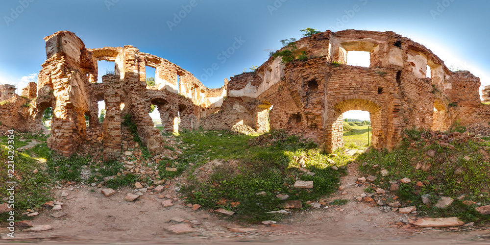 Ruins of ancient brick castle with blue sky sun green grass 3D spherical panorama with 360 degree viewing angle. Ready for virtual reality in vr. Full equirectangular projection. Beautiful background