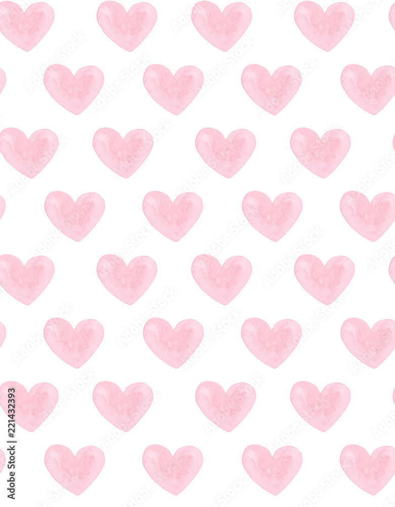 Watercolor pink hearts pattern. Valentines day. Love background