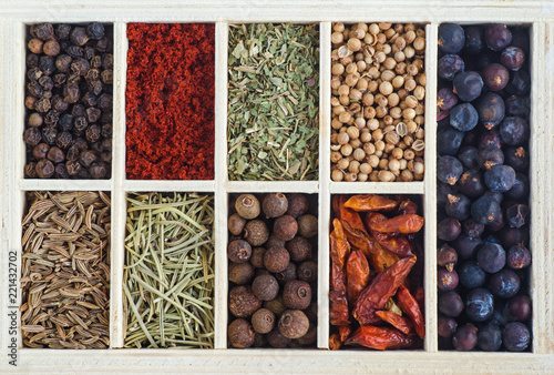 Set of various spices and seasoning. Food and cooking background. 