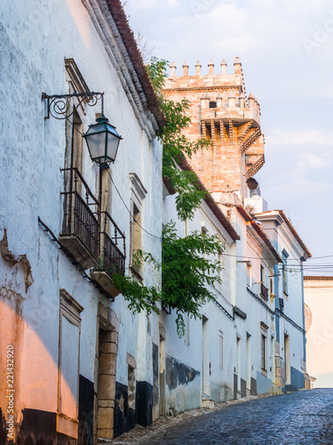 Street in the Old Town of Estremoz, Portugal. Three Crowns tower in the background