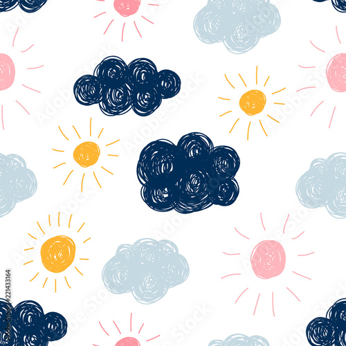 Abstract handmade seamless pattern background. Childish handcrafted wallpaper for design card, baby nappy, diaper, scrapbook, holiday wrapping paper, textile, bag print, t shirt etc.