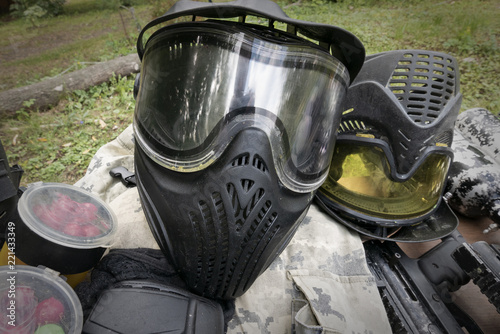 set of equipment and uniform for paintball games