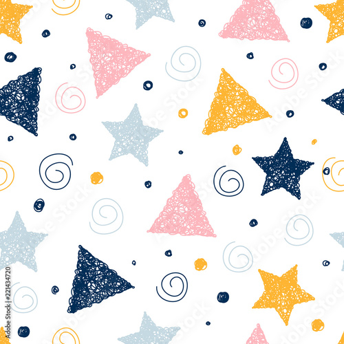 Abstract handmade seamless pattern background. Childish handcrafted wallpaper for design card, baby nappy, diaper, scrapbook, holiday wrapping paper, textile, bag print, t shirt etc.