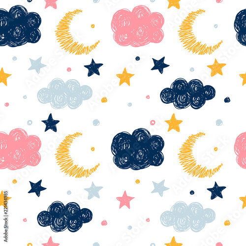 Abstract handmade seamless pattern background. Childish handcrafted wallpaper for design card, baby nappy, diaper, scrapbook, holiday wrapping paper, textile, bag print, t shirt etc.