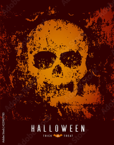 Happy Halloween skull and bat on rough surface background, vector illustration

