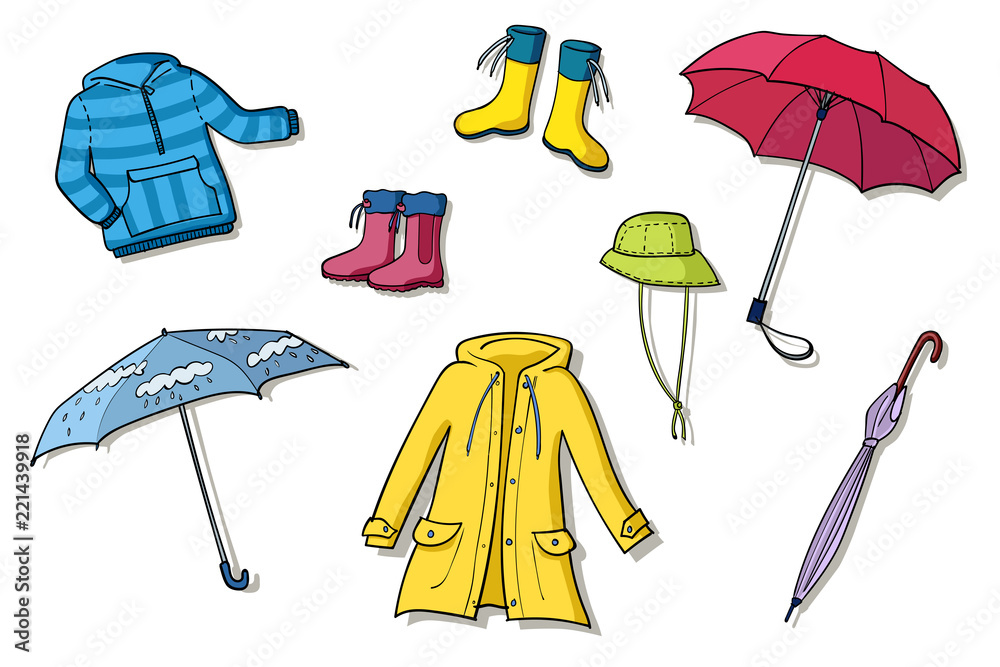 Rainy weather clothes set of illustrations Stock Vector | Adobe Stock