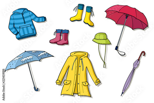 Rainy weather clothes set of illustrations