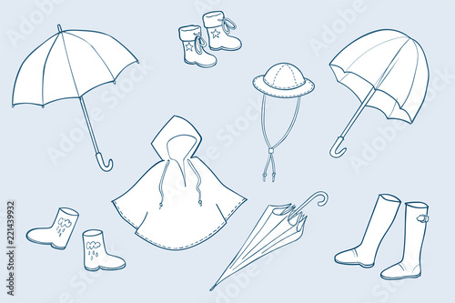Rainy weather clothes set of illustrations