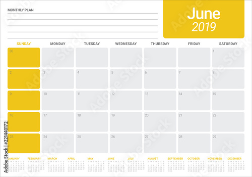 June 2019 desk calendar vector illustration