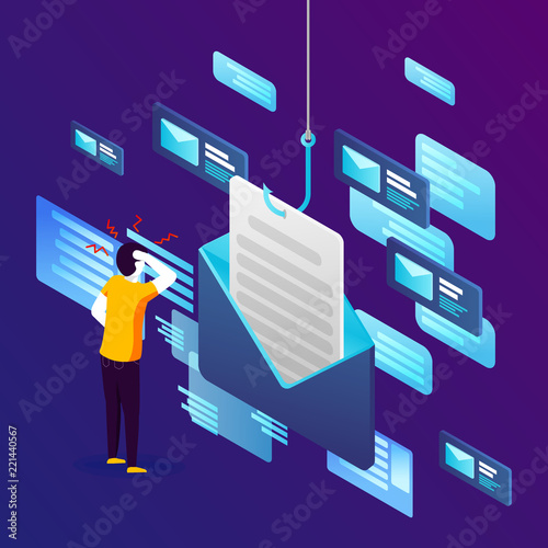 Vector concept illustration - mail phishing, stressed man holding his head. Modern bright banner template with place for your text.