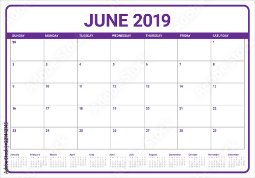 June 2019 desk calendar vector illustration