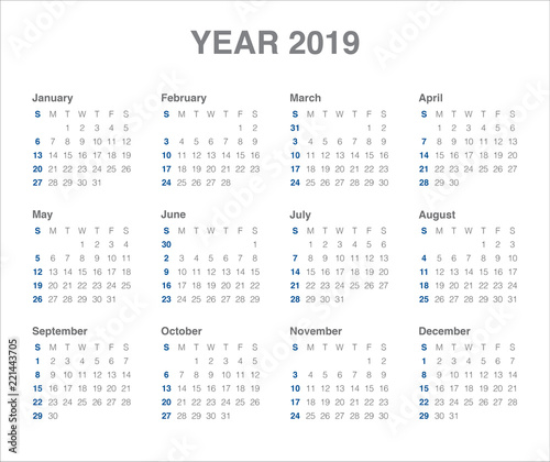 Year 2019 calendar vector design template