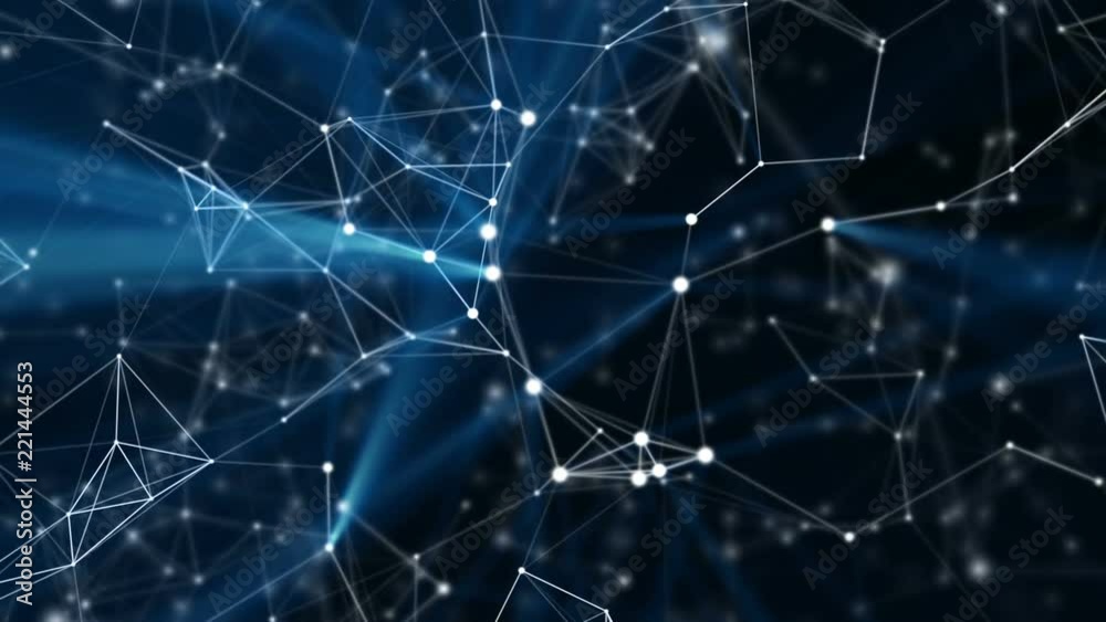 Blue abstract technology, science and engineering motion background. White lines and nodes plexus structure with blue rays of light in organic motion. Depth of field settings. 3D rendering.