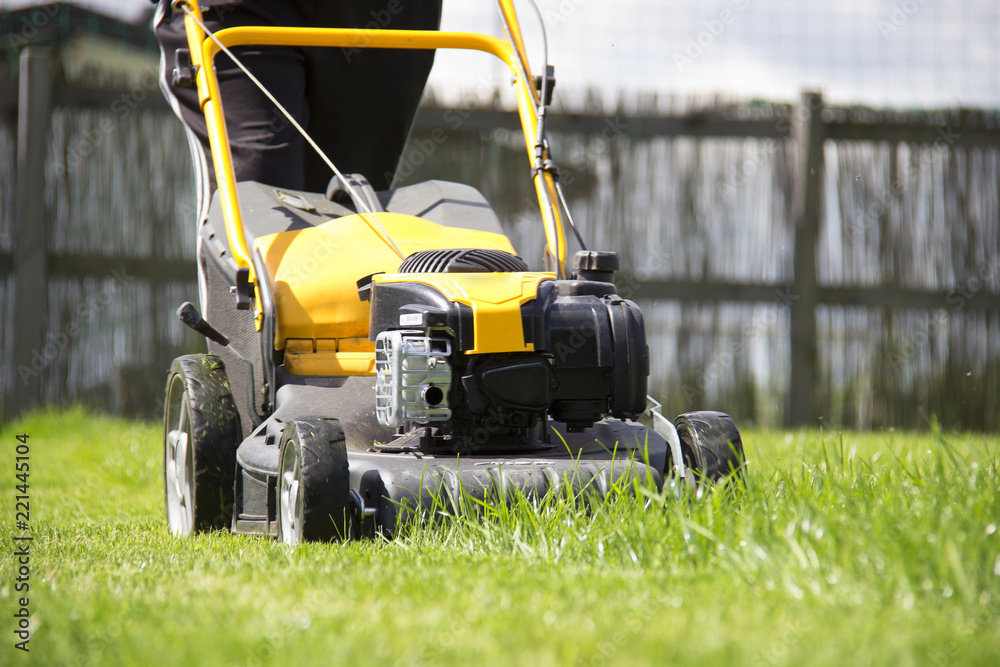 Lawn mower cutting green grass in backyard, garden service. Lawn mower cutting green grass in backyard, garden service.