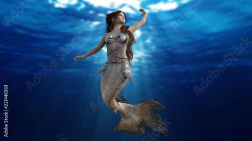 mermaid woman swimming under water - portrait of a mermaid - 3d render
