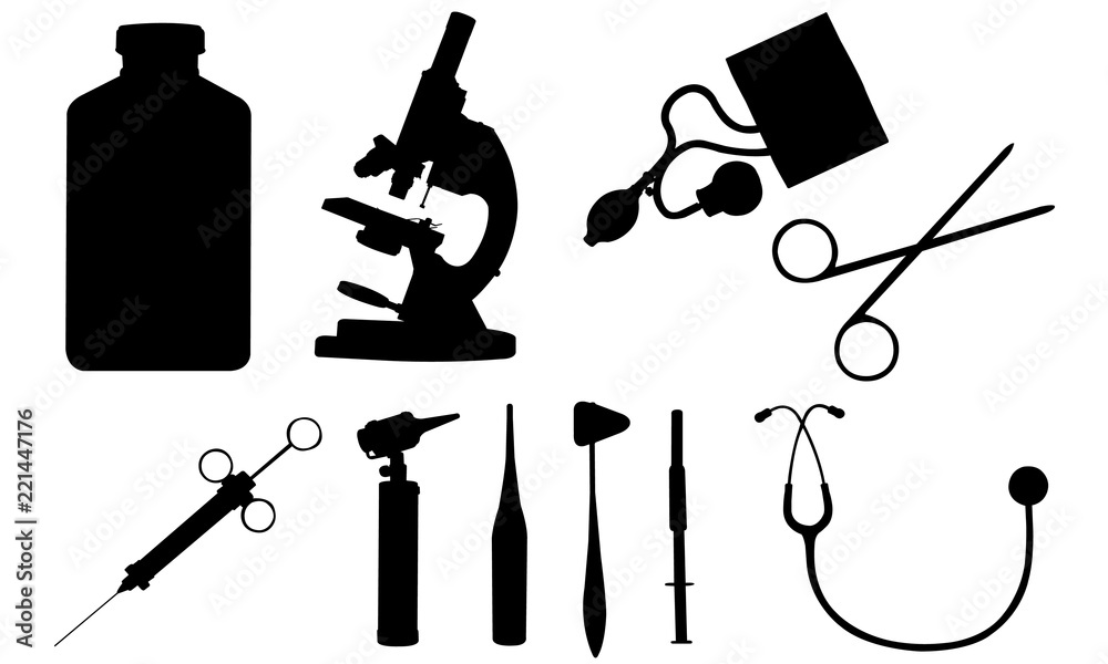 Doctor Tools Silhouette, Medical Equipment SVG, cricut Clipart, Vector,  eps, cut file, png, ai, microscope, syringe, otoscope, stethoscope Stock  Vector | Adobe Stock