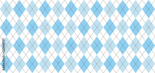 Argyle vector pattern. Light blue and white squares with thin black dotted line. Seamless geometric background for men's clothing, wrapping paper. Backdrop for Little Man (baby boy) party invite card 