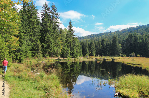 Kleiner Arbersee, National Park Bayerischer Wald, Wanderer